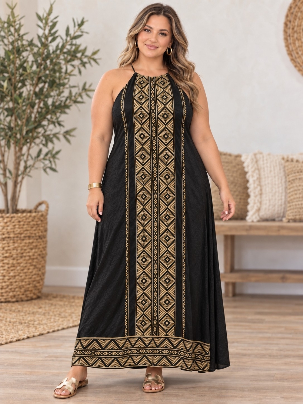 Savanna Jane Gold Embroidered Halter Maxi Dress | Size 3X - NWT